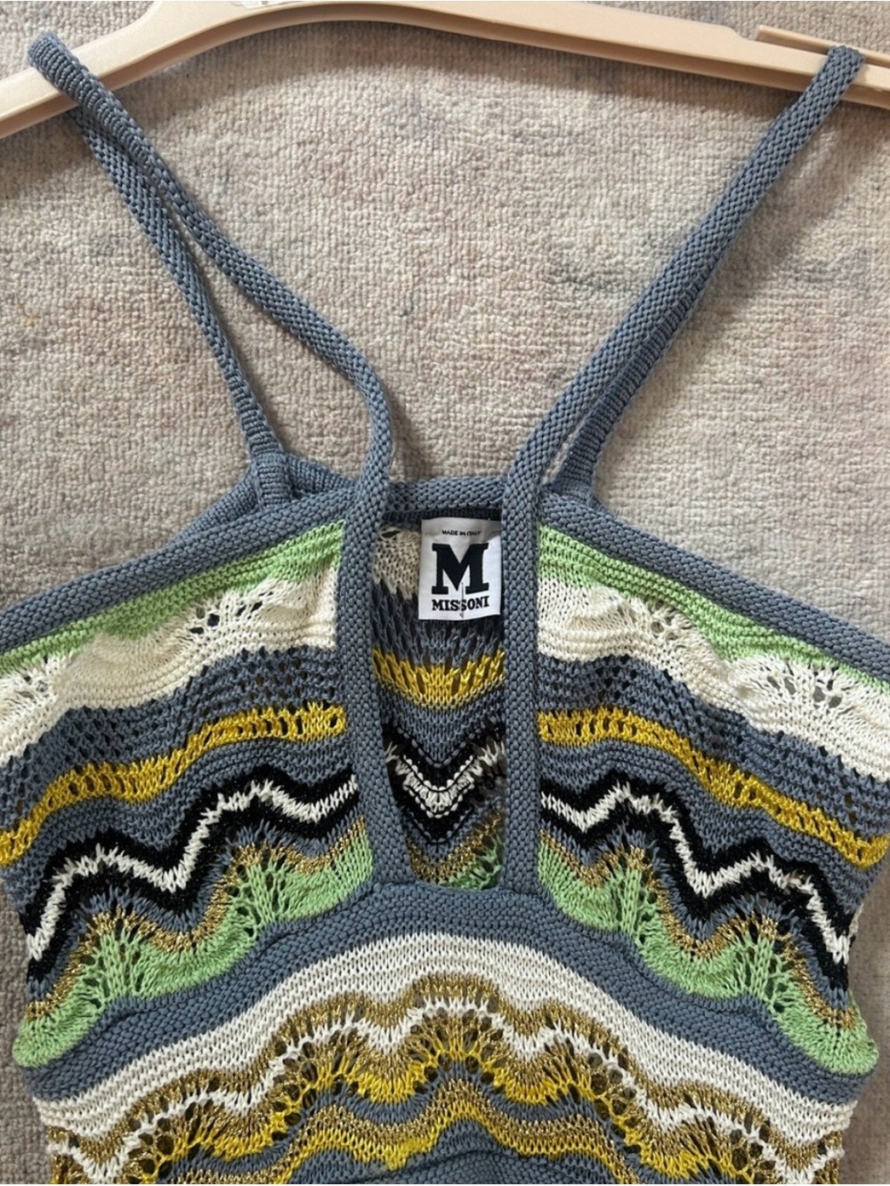 Missoni Crochet Zigzag Midi Dress in Green, Gray & White with Yellow Accents - Picture 2 of 3